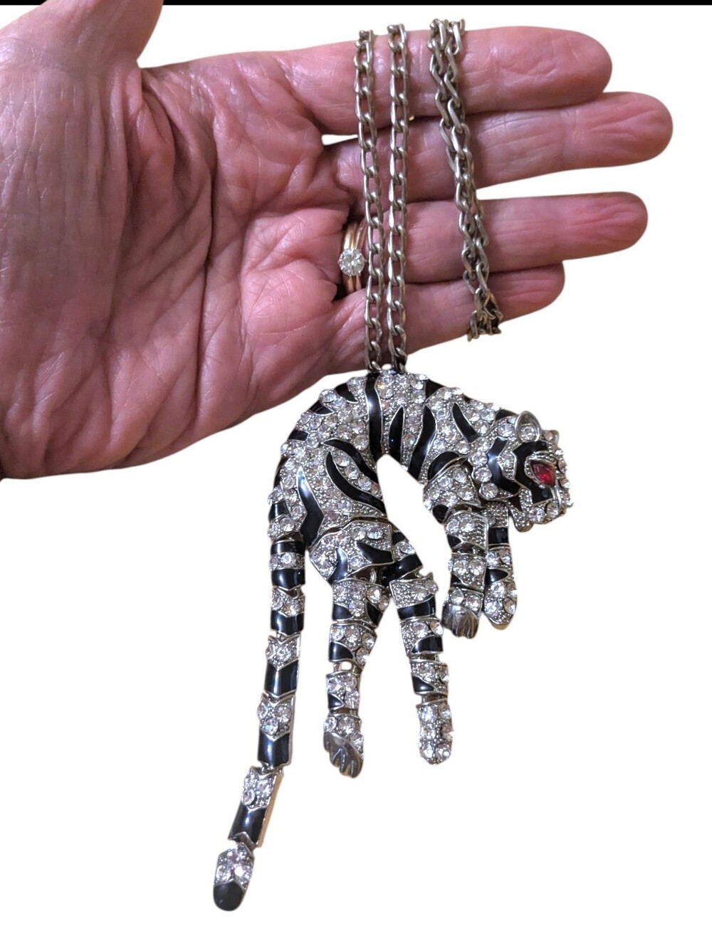 Vintage Leopard necklace costume Art Deco enamel & Rhinestone Ruby - Picture 7 of 16